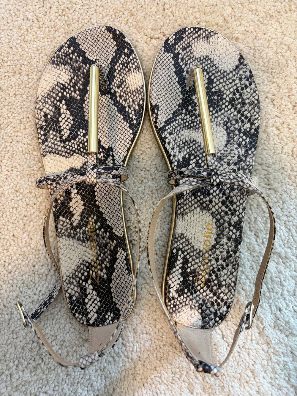 Zigi Soho Snake-Print T-Strap Sandals with Gold Bar